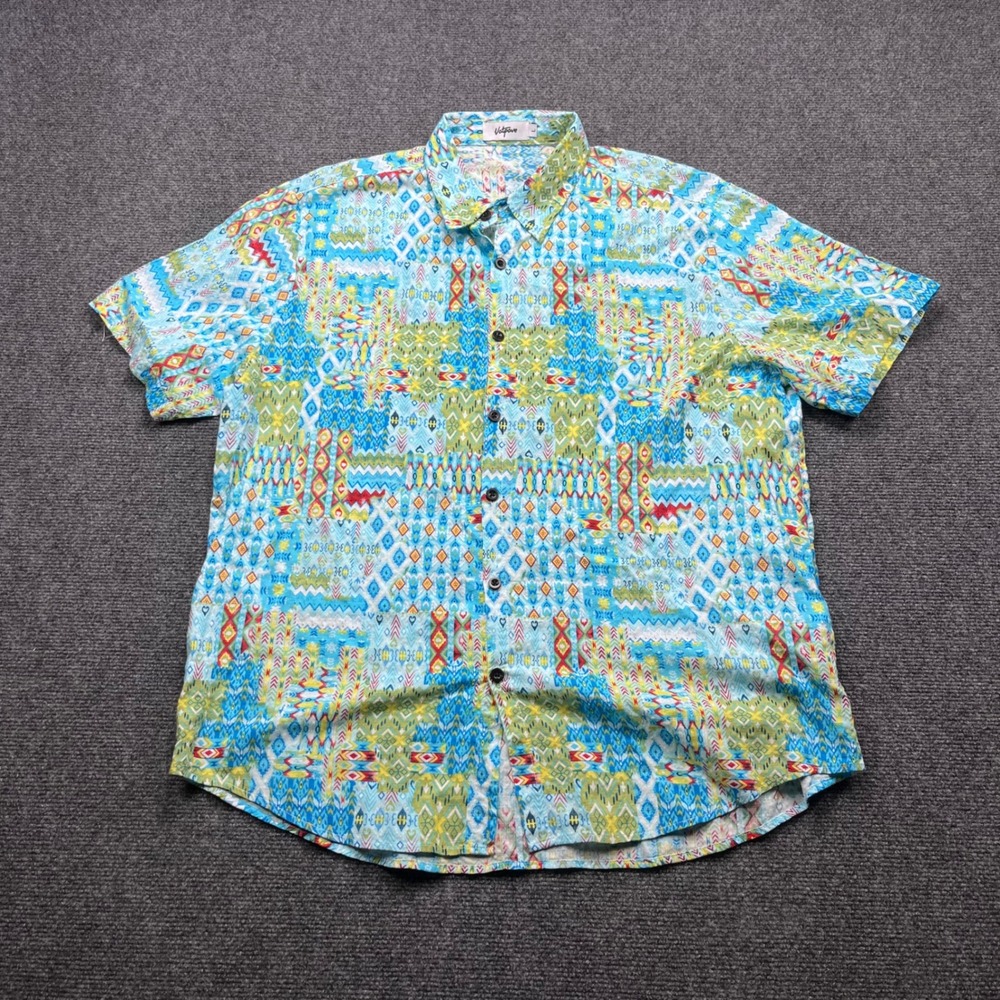 Vatpave‎ Boho Festival Tribal Geometric Blue Short Sleeve Button Up Shirt